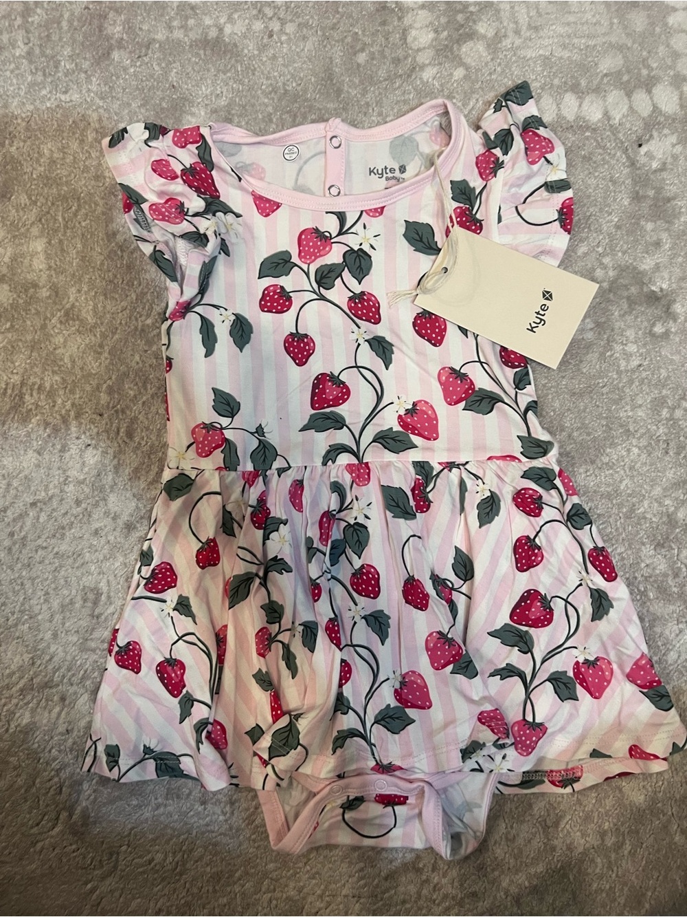 Kyte BABY Pink Strawberry Print Flutter-Sleeve Dress Bodysuit